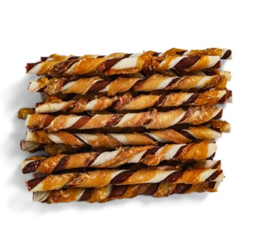 Meerkleurig Gedraaide Stick met Kip 12,5cm - 20 Stuks